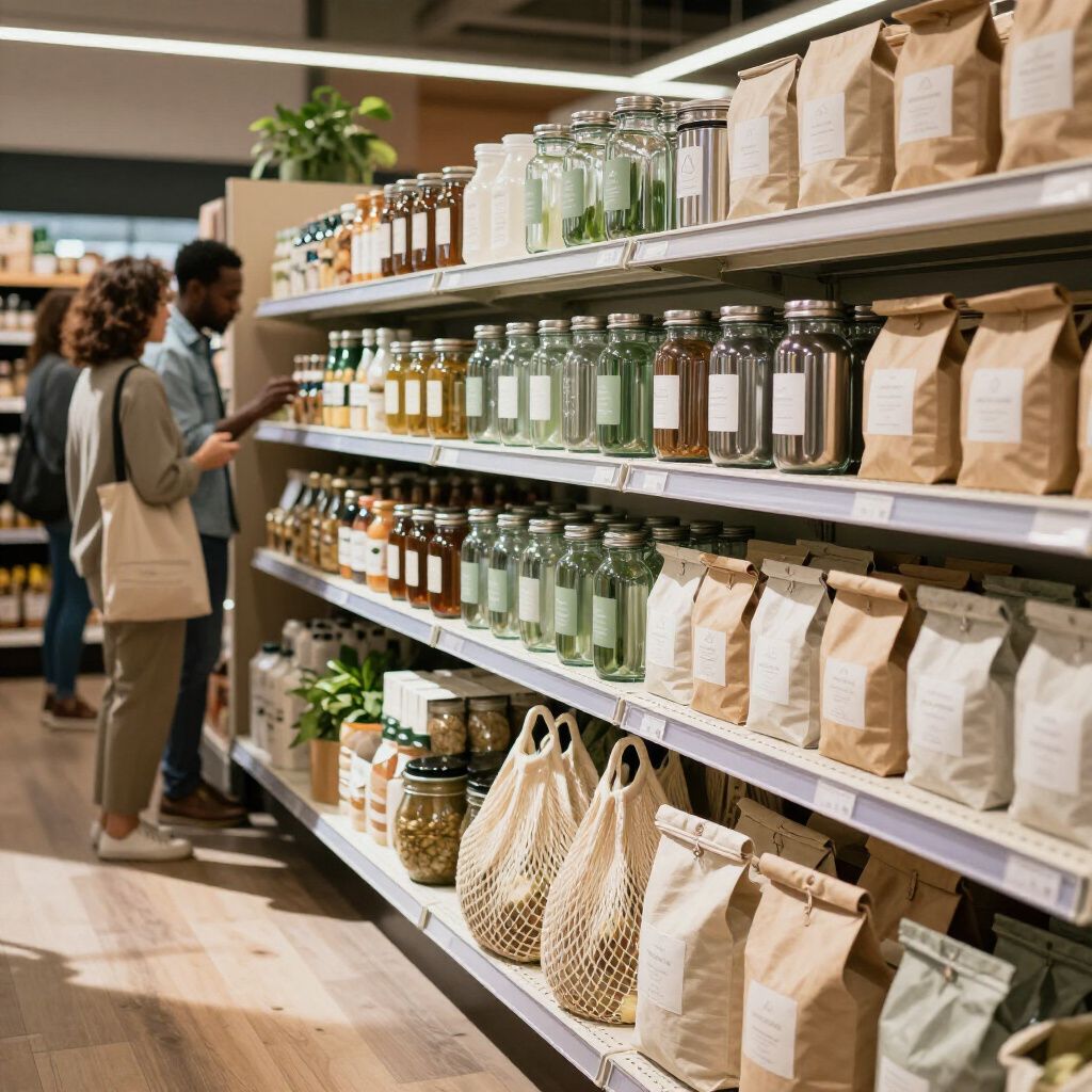 La gente compra en un supermercado, mirando los productos envasados ​​en los estantes.