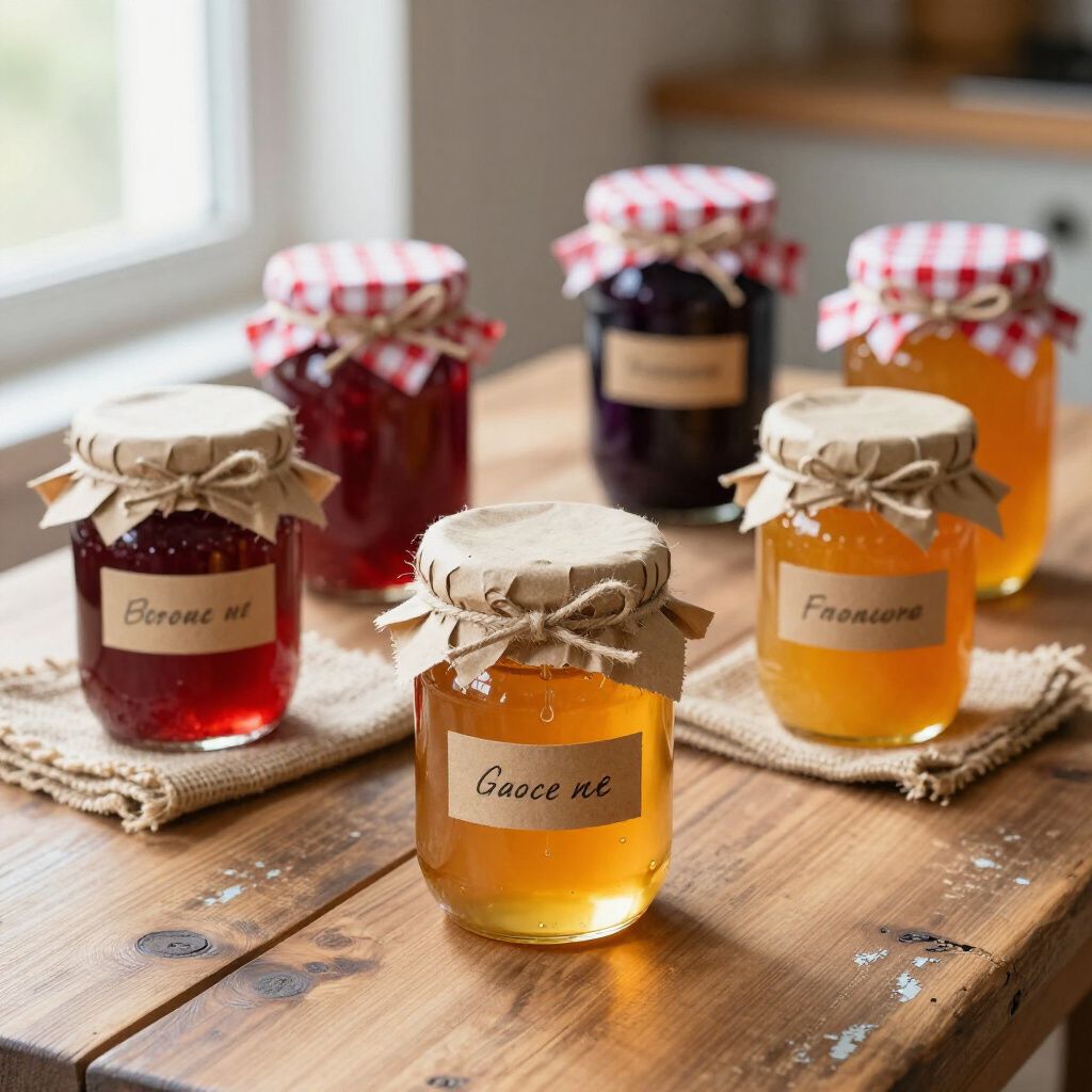 Seis frascos de mermelada con etiquetas de papel y tapas a cuadros rojos o cubiertas de papel sobre una mesa de madera.