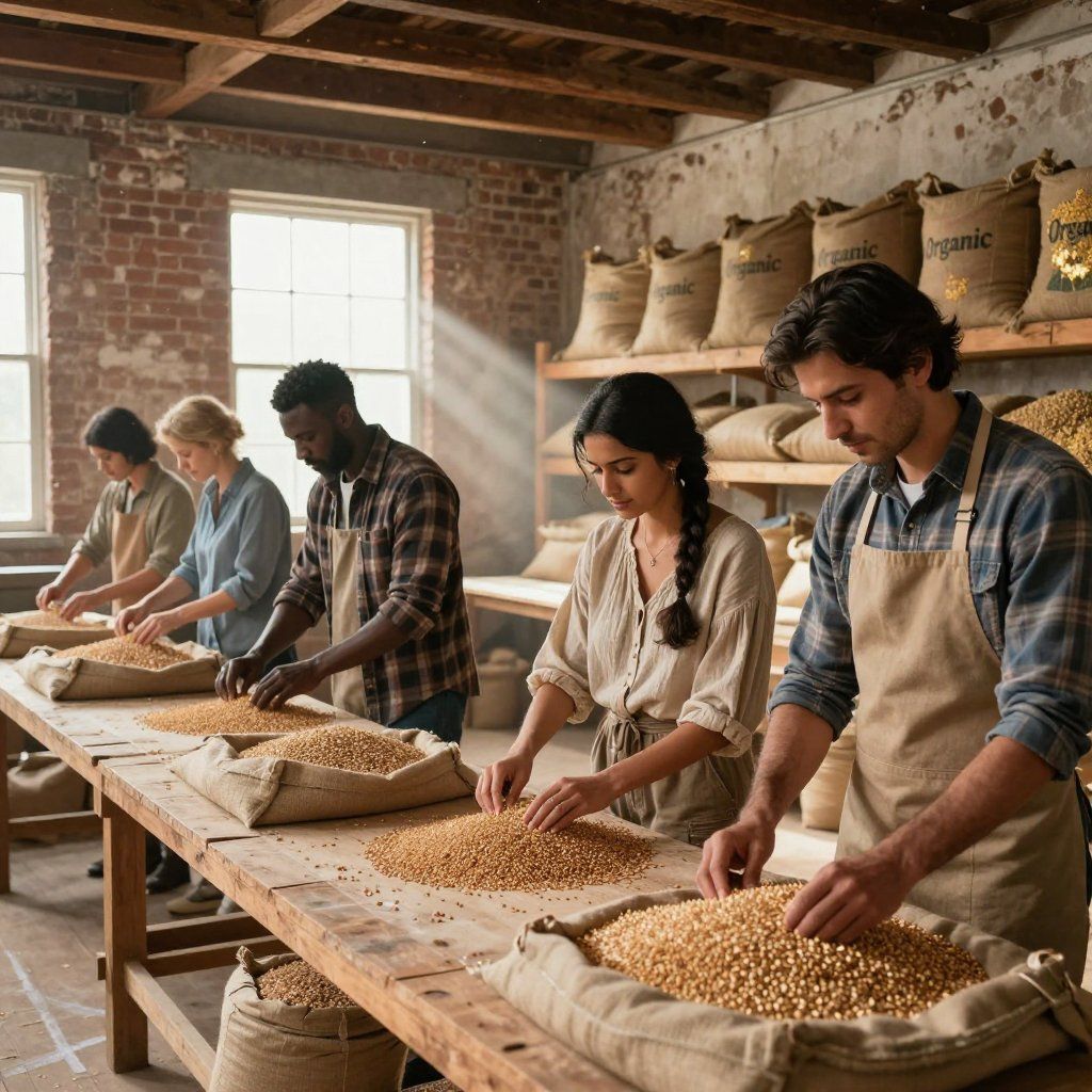 Personas clasificando granos en una larga mesa de madera en una habitación rústica con sacos de granos en los estantes.