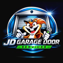 Logo for JD Garage Door Services; white garage door design with blue oval background, and text 