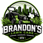 Brandon&rsquo;s Lawn Care logo with green mower, city skyline, and service text for DFW landscaping.