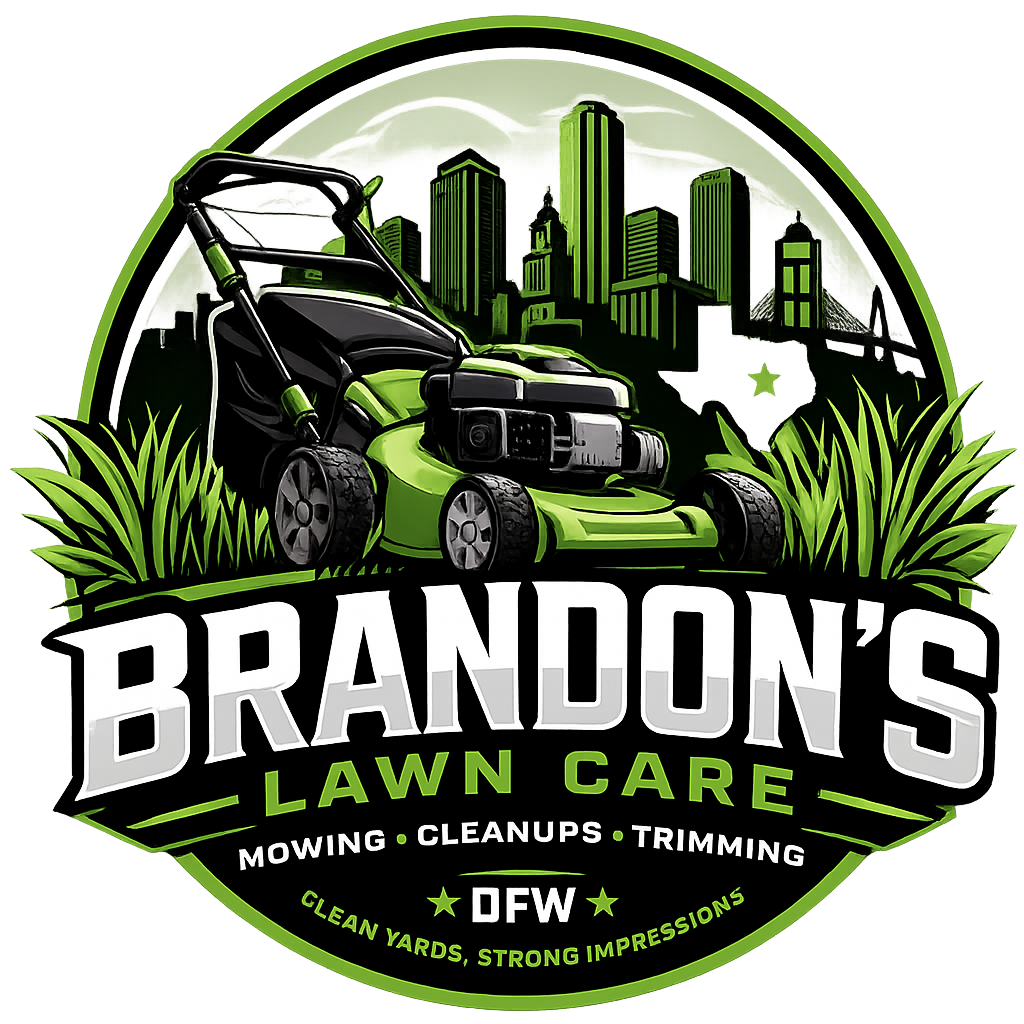 Brandon&rsquo;s Lawn Care logo with green mower, city skyline, and service text for DFW landscaping.