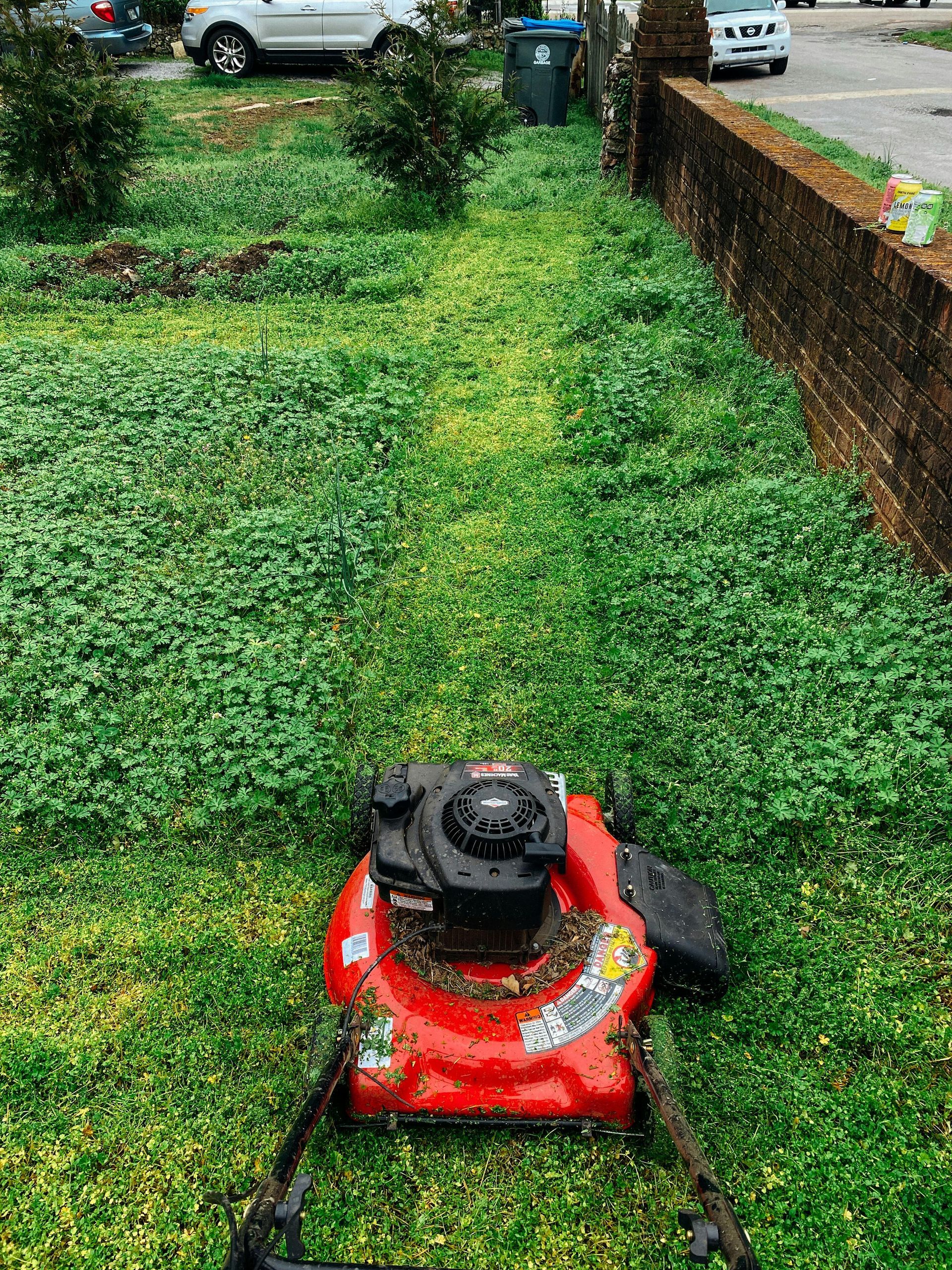 Red lawn mower on a grassy yard, with a brick wall and parked cars in the background.