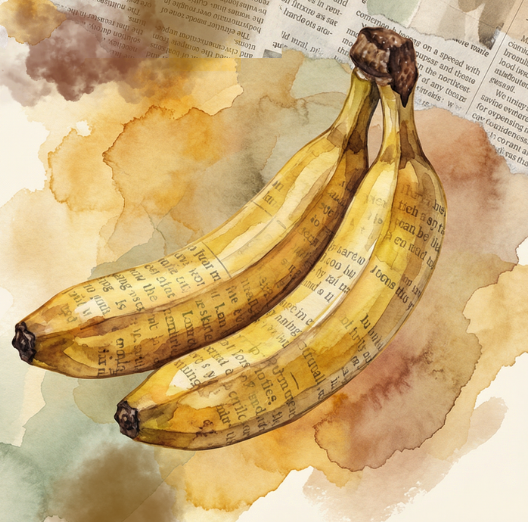 Watercolor illustration of three ripe yellow bananas on a newspaper background