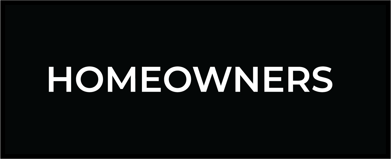 The word homeowners is written in white on a black background.
