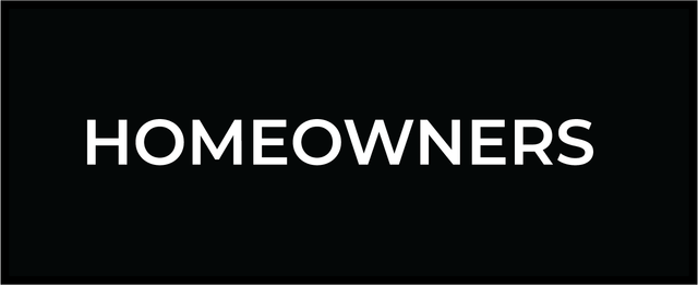 The word homeowners is written in white on a black background.