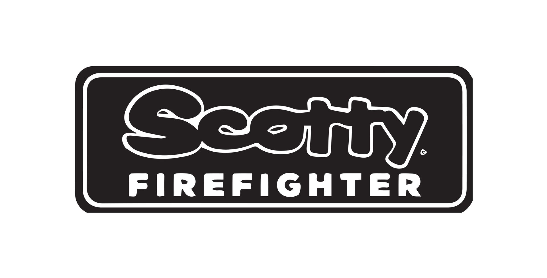 A black and white logo for scotty firefighter on a white background.