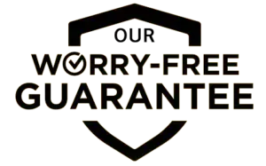 A black and white logo that says `` our worry-free guarantee ''.