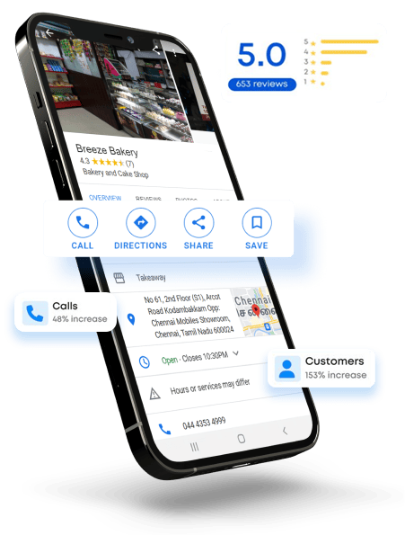 A cell phone with a google business profile on it.