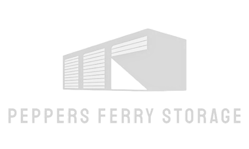 The peppers ferry storage logo is a gray and white image of a building.