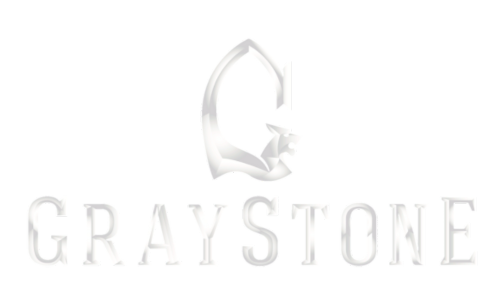 A white logo for graystone with a fox on it.