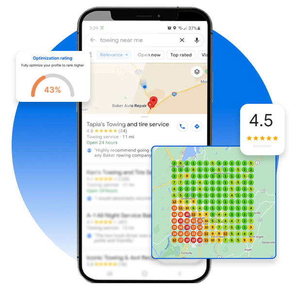 A cell phone with a google map ranking on the screen.
