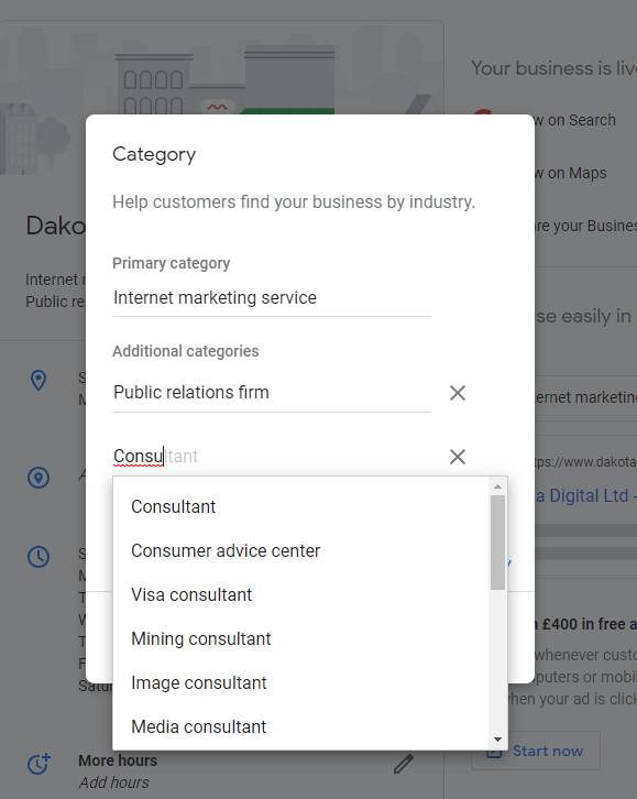 A screenshot of a google page showing a list of categories