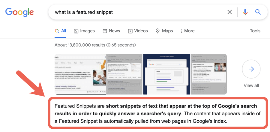 A google search for what is a featured snippet