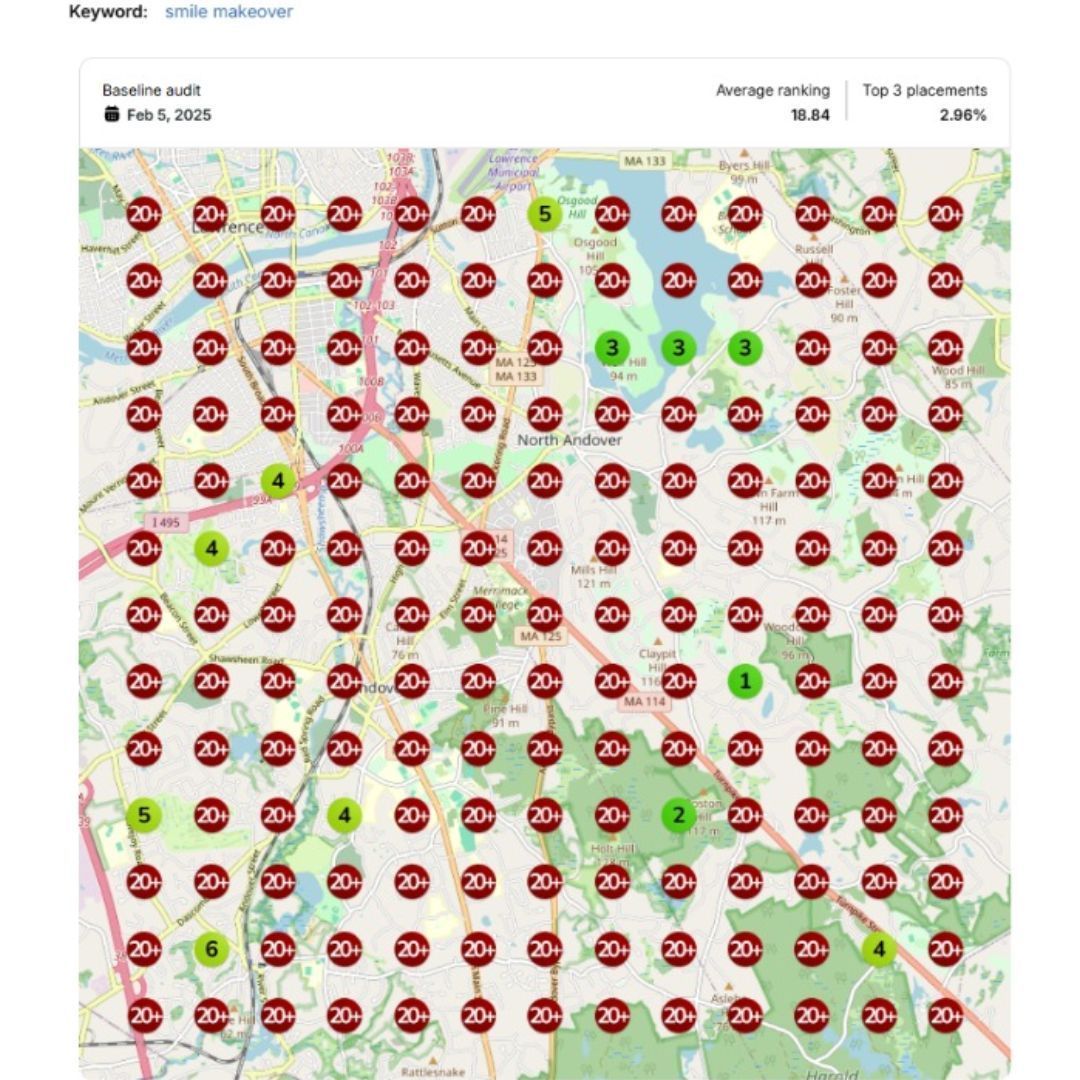 A map of a business with poor map pack ranking