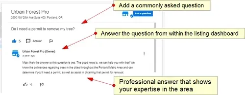 A screenshot of a website that shows how to add a commonly asked question and answer the question from within the google business profile dashboard.