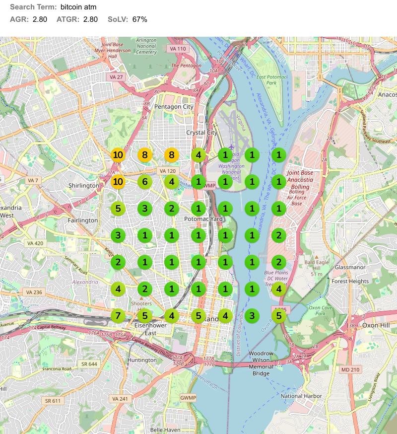 A map of a city with green circles on it