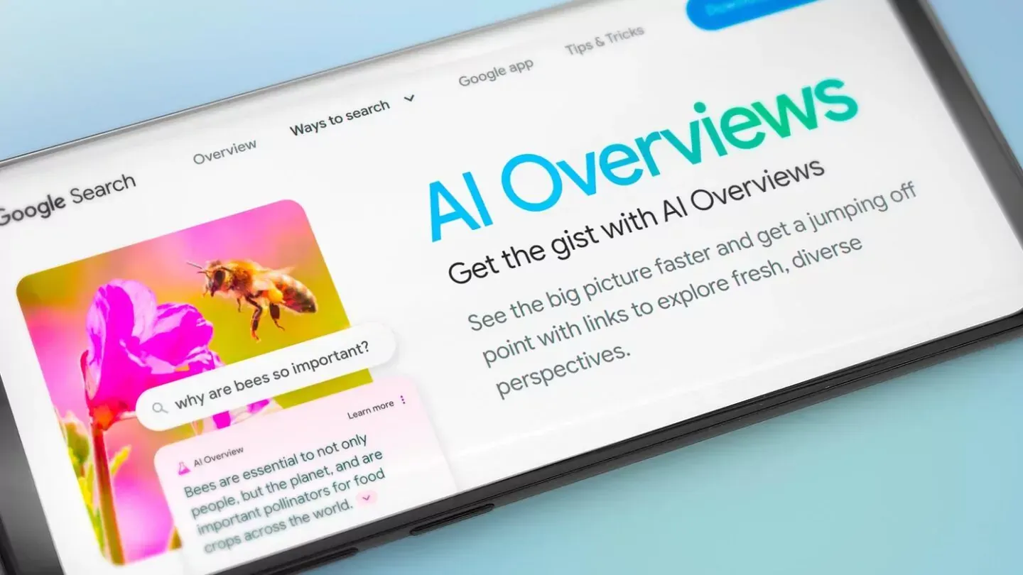 A close up of a cell phone displaying a website called ai overviews.