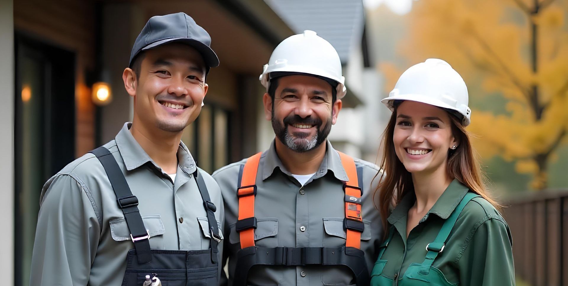 A group of home service business owners are posing for a picture in front of a house.