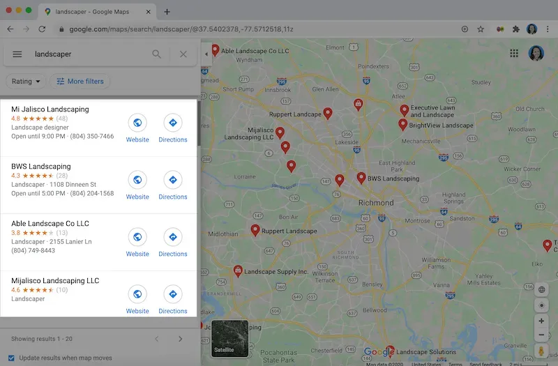 A screenshot of a google map showing the location of a landscaping company.