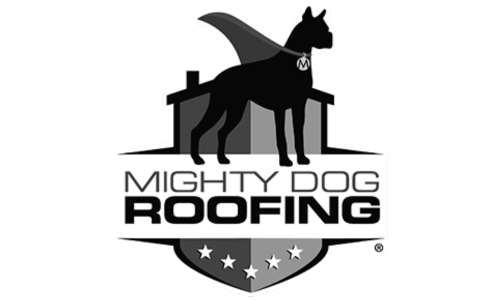 A black and white logo for mighty dog roofing
