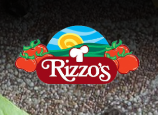 Rizzo's logo with tomatoes, a sun over a landscape, and the company name.