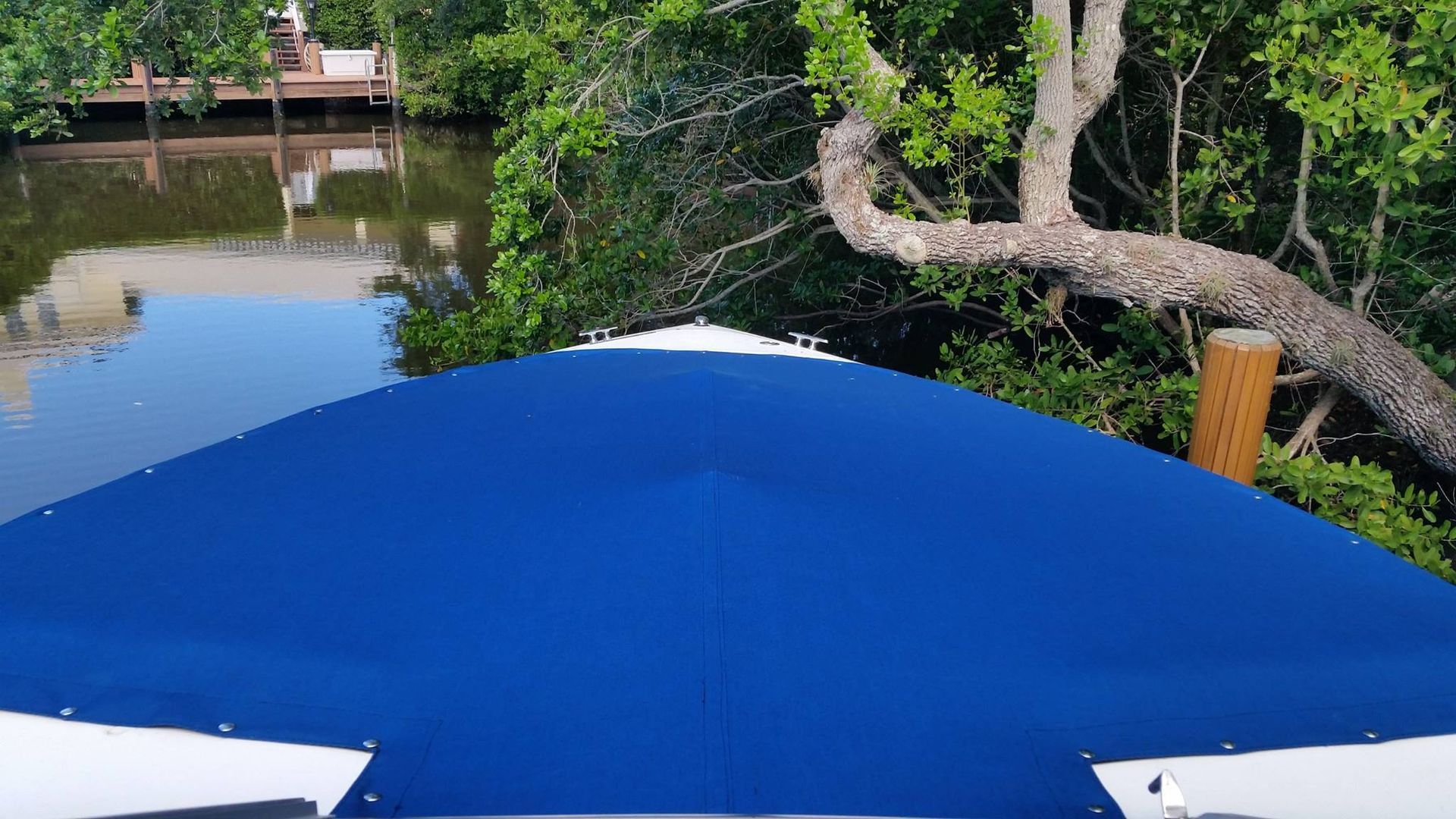 The back of a boat with a blue cover is sitting next to a body of water.
