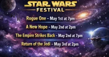 Star Wars festival poster with movie lineup and dates over a purple space background