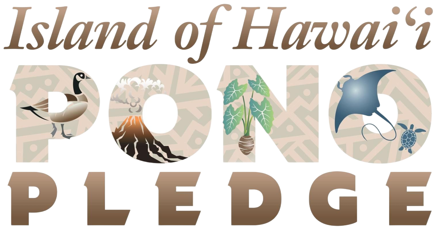Island of Hawai'i Pono Pledge logo: Text and illustrations of Hawaiian wildlife against a tan tribal pattern.