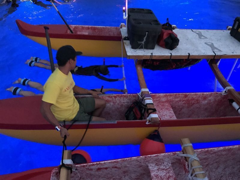 Man in yellow shirt sits in a double-hulled boat, possibly a filming setup in blue water.