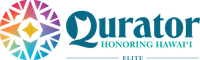 Logo for Qurator Honoring Hawai'i, featuring a compass rose design in rainbow colors, teal text on white background.