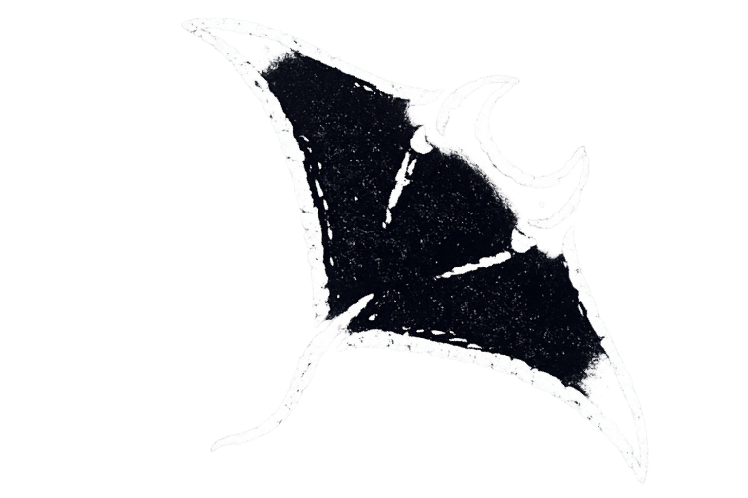 Dark manta ray swims in white space.