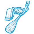 Paddle with snorkel mask and towel; blue outline.