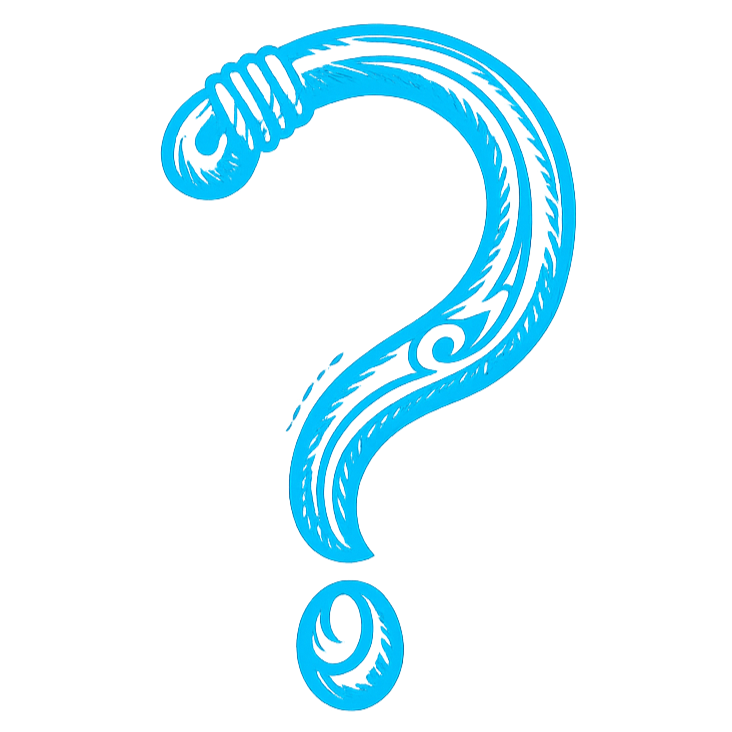 Blue question mark with tribal-style designs.