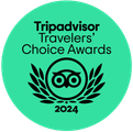 Tripadvisor Travelers' Choice Award 2024 badge in teal and black, with the Tripadvisor owl logo and laurel leaves.