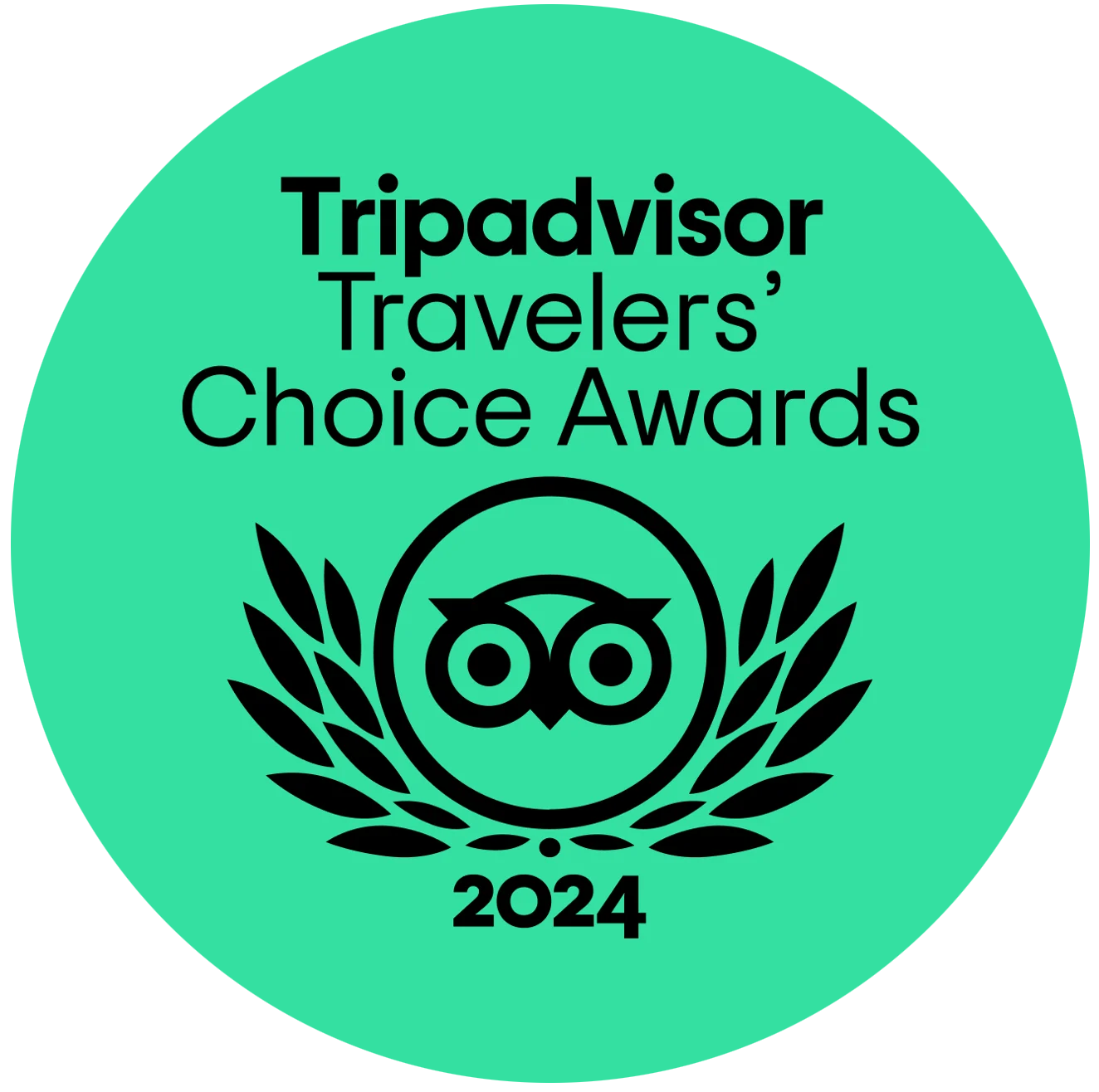 Tripadvisor Travelers' Choice Award 2024 badge in teal and black, with the Tripadvisor owl logo and laurel leaves.