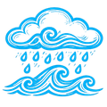 Blue illustration of rain falling from a cloud onto wavy water.