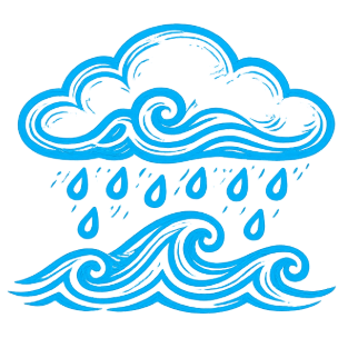 Blue illustration of rain falling from a cloud onto wavy water.