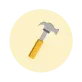 A hammer with a yellow handle is in a circle on a white background.