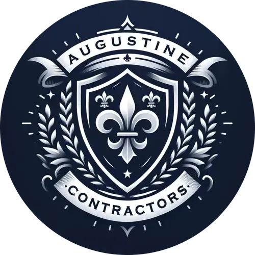 The logo for augustine contractors is a shield with a fleur de lis on it.