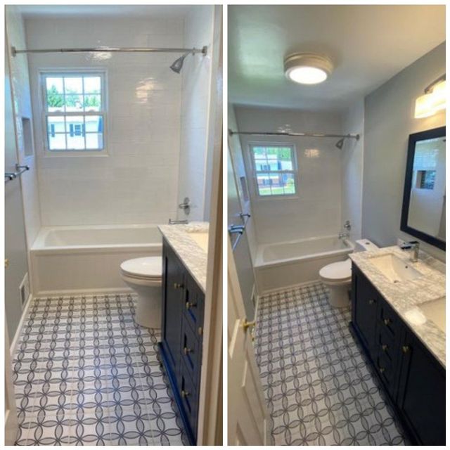 Hall bathroom before and after, with new tile floor, a Handyman on Demand bathroom remodel