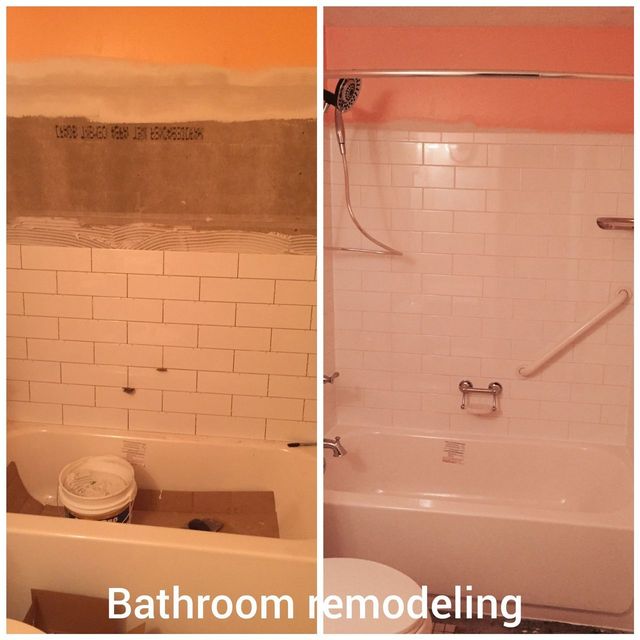 Dated pink-tile bathroom, before and after, a Handyman on Demand bathroom remodel