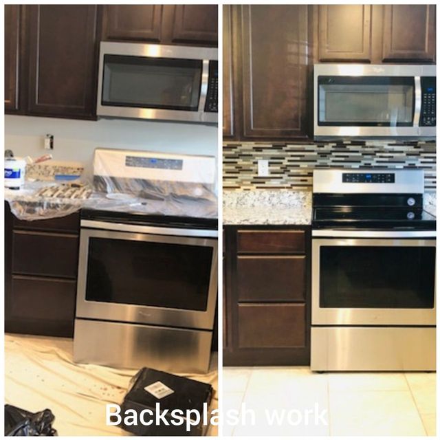 Backsplash tile and new range install, before and after, a Handyman on Demand kitchen remodel