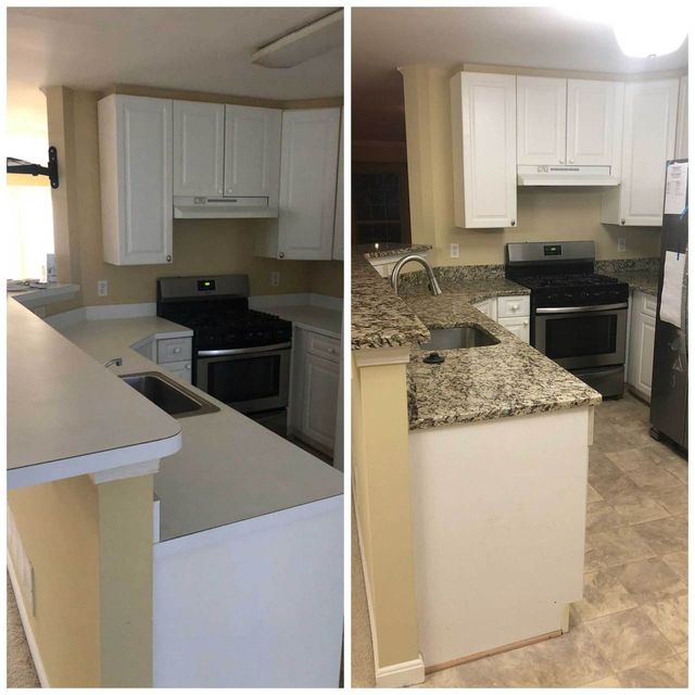 White kitchen remodel, before and after, a Handyman on Demand kitchen remodel