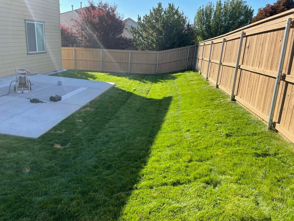 A residential backyard featuring a concrete patio.