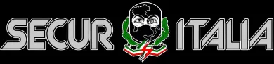 Logo SECUR ITALIA con scritte metalliche e un teschio in una corona d'alloro verde, nastro rosso sottostante