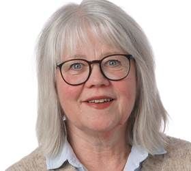 Kvinde med gråt hår og briller, smilende, iført en lys sweater over en blå skjorte.