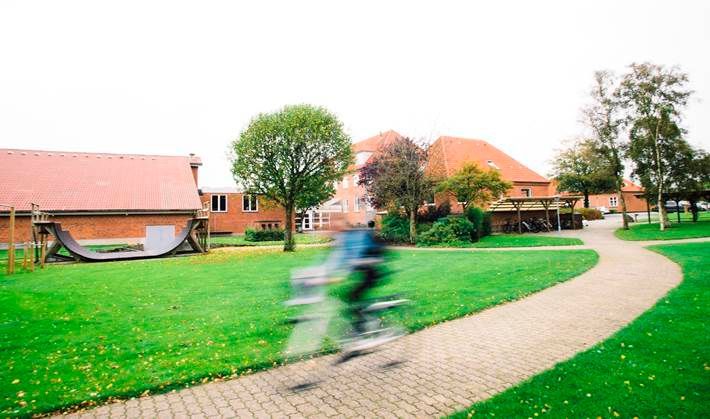 Sløret cyklist på en murstenssti gennem en grøn park, bygninger med røde tage i baggrunden.
