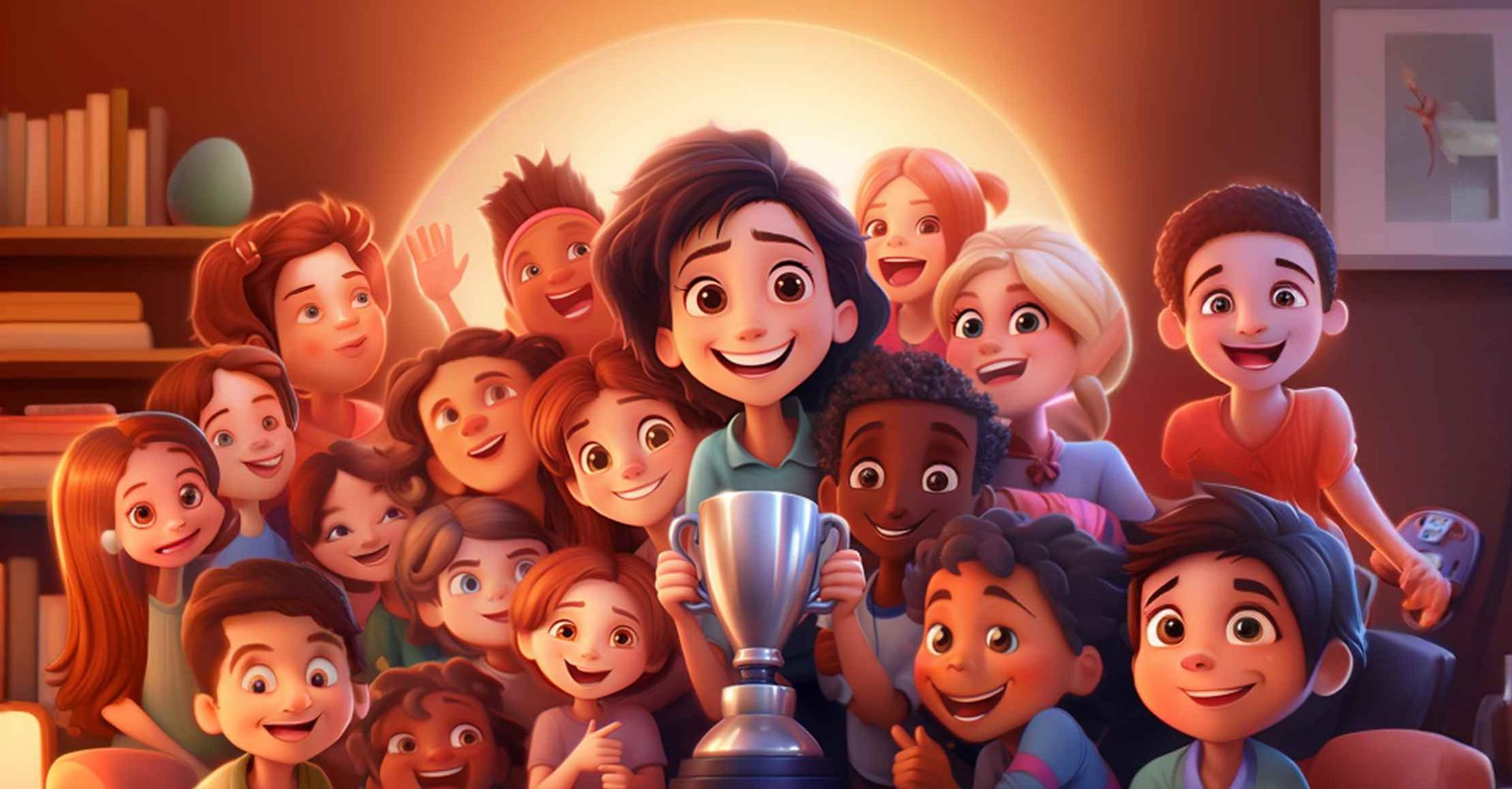En gruppe af forskellige tegneseriebørn fejrer med et trofæ, oplyst af en varm glød.