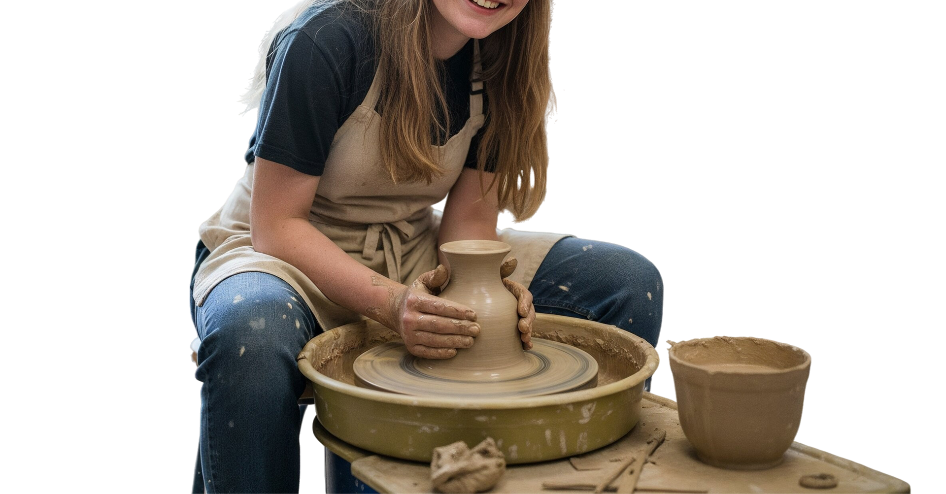 Kvinde smiler, former ler på en drejeskive, iført forklæde. Atelieromgivelse.